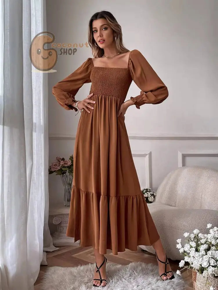 Pullover Square Neck Long Sleeve Ruffles Dress - Coffee Color / XS