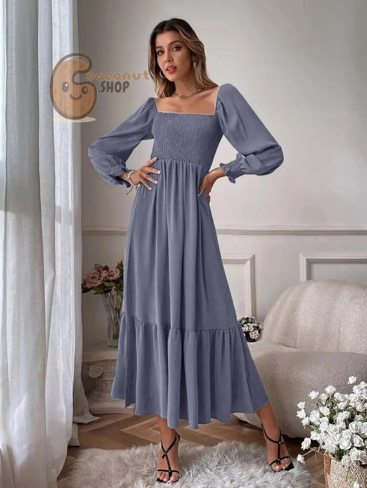 Pullover Square Neck Long Sleeve Ruffles Dress - Dark Grey / XS