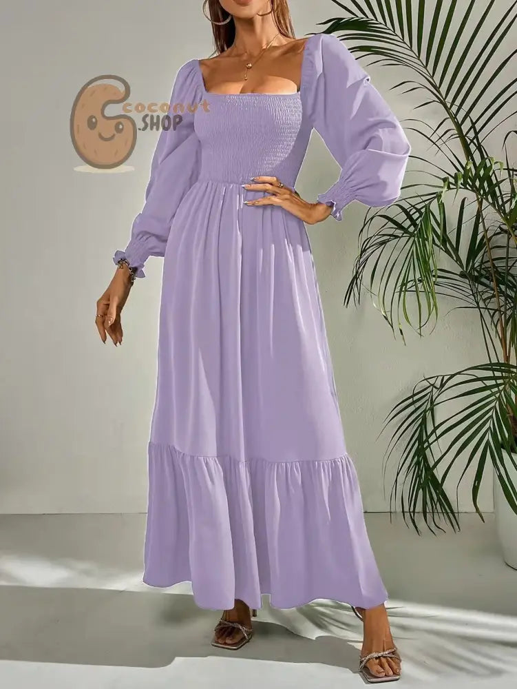 Pullover Square Neck Long Sleeve Ruffles Dress - Purple / XS