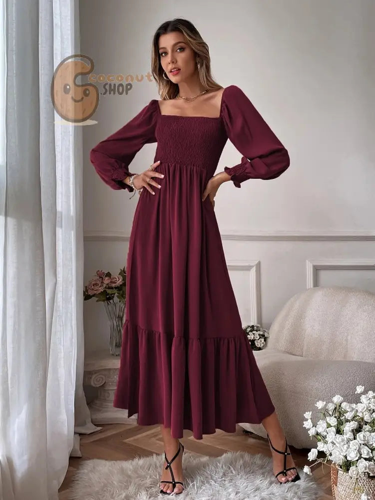 Pullover Square Neck Long Sleeve Ruffles Dress - Wine Red / XS