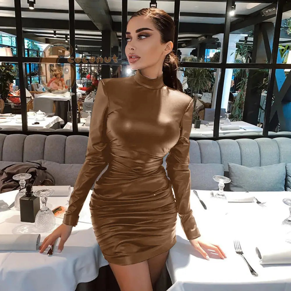 Pure Color New Fashion Sexy Slim Slimming Ruffled Long Sleeve Dress Knitted Bag Hip Skirt Right Angle Shoulder Dress