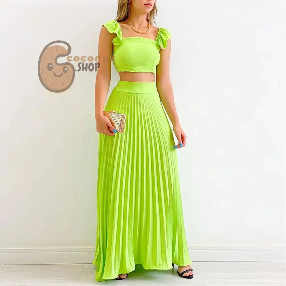Radiant Elegance: Women’s Spring Set with Solid Color Tank Top and Pleated High Waist Skirt - Grass green / S