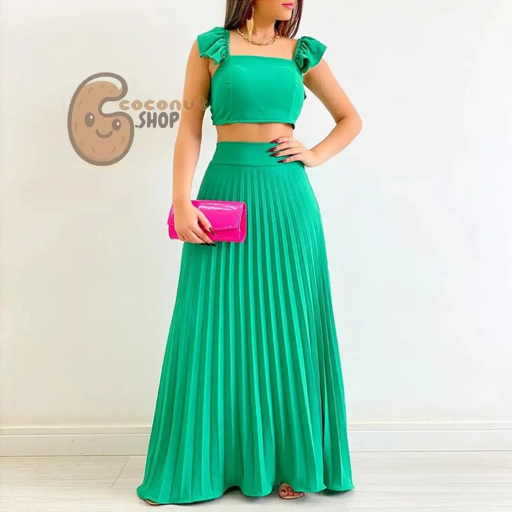 Radiant Elegance: Women’s Spring Set with Solid Color Tank Top and Pleated High Waist Skirt