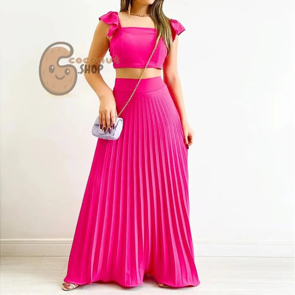 Radiant Elegance: Women’s Spring Set with Solid Color Tank Top and Pleated High Waist Skirt - Rose red / S