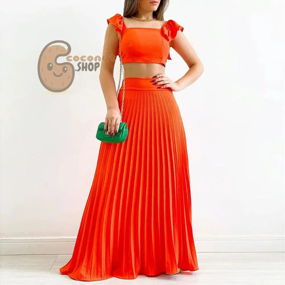 Radiant Elegance: Women’s Spring Set with Solid Color Tank Top and Pleated High Waist Skirt
