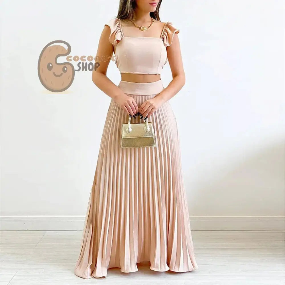 Radiant Elegance: Women’s Spring Set with Solid Color Tank Top and Pleated High Waist Skirt