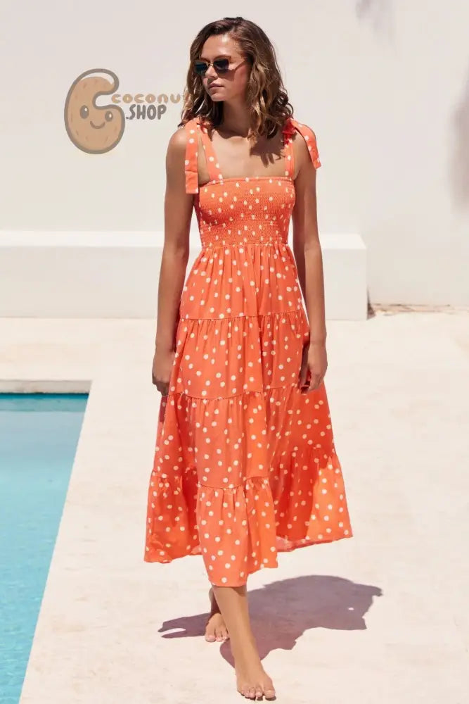 Radiate Summer Charm: Explore our Collection of Cute Printed Summer Dresses - Orange Dots / S