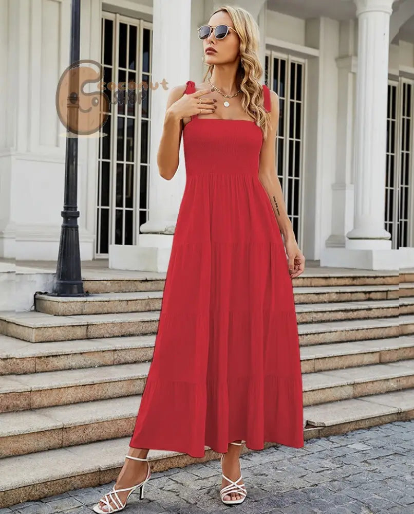 Radiate Summer Charm: Explore our Collection of Cute Printed Summer Dresses - Brick Red Artificial Cotton / S