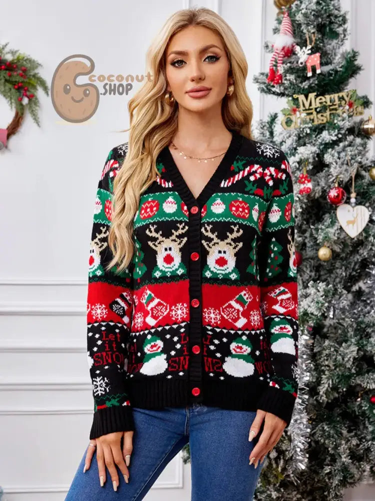 Reindeer &amp; Snowman Christmas Cardigan Sweater