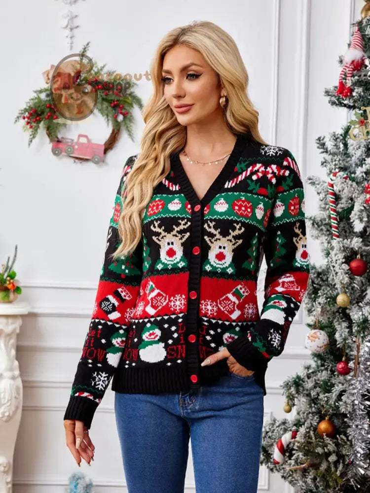 Reindeer &amp; Snowman Christmas Cardigan Sweater