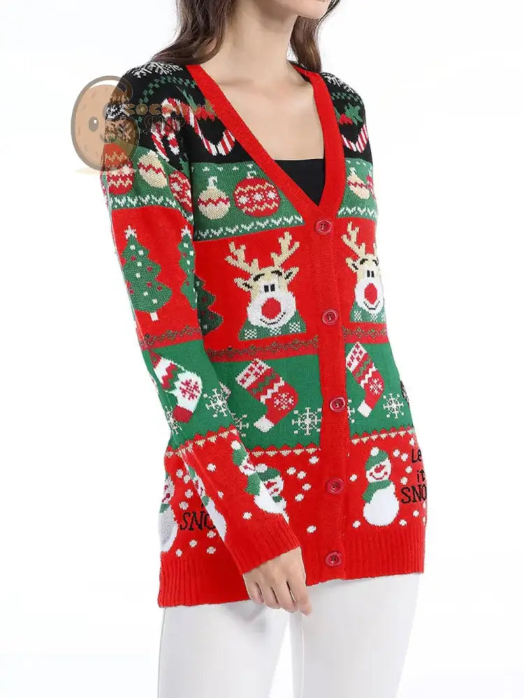 Reindeer &amp; Snowman Christmas Cardigan Sweater