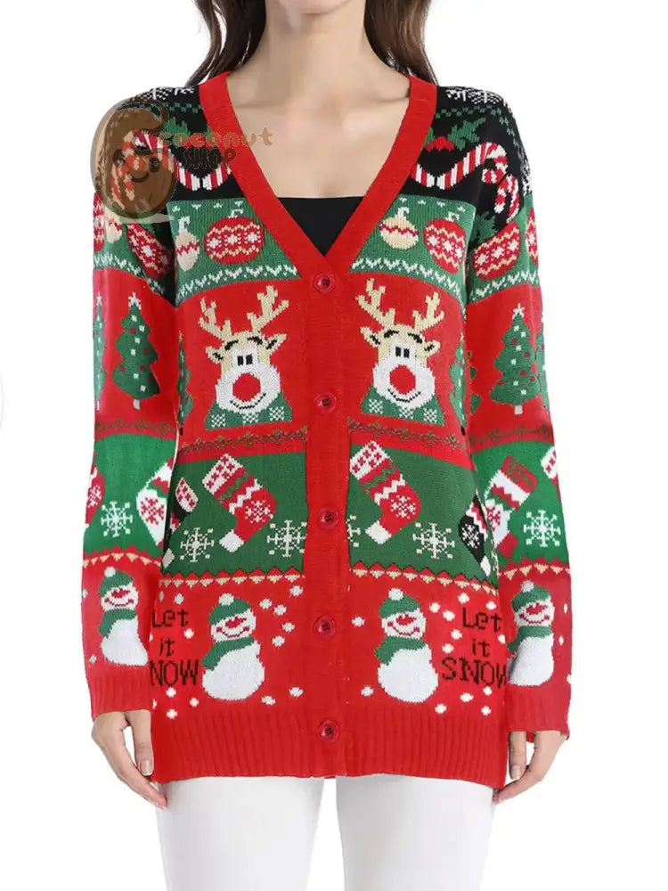 Reindeer &amp; Snowman Christmas Cardigan Sweater