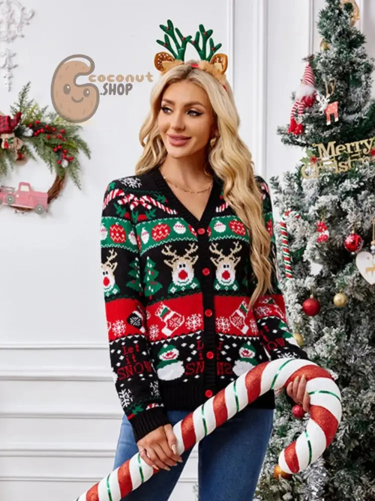 Reindeer &amp; Snowman Christmas Cardigan Sweater
