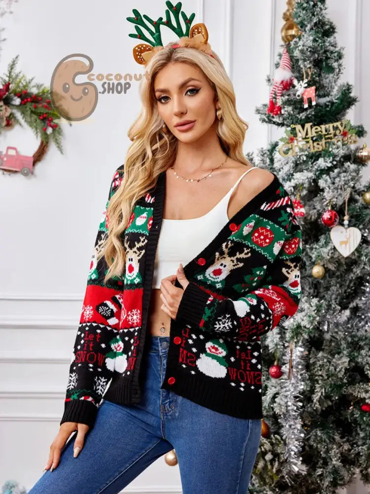 Reindeer &amp; Snowman Christmas Cardigan Sweater