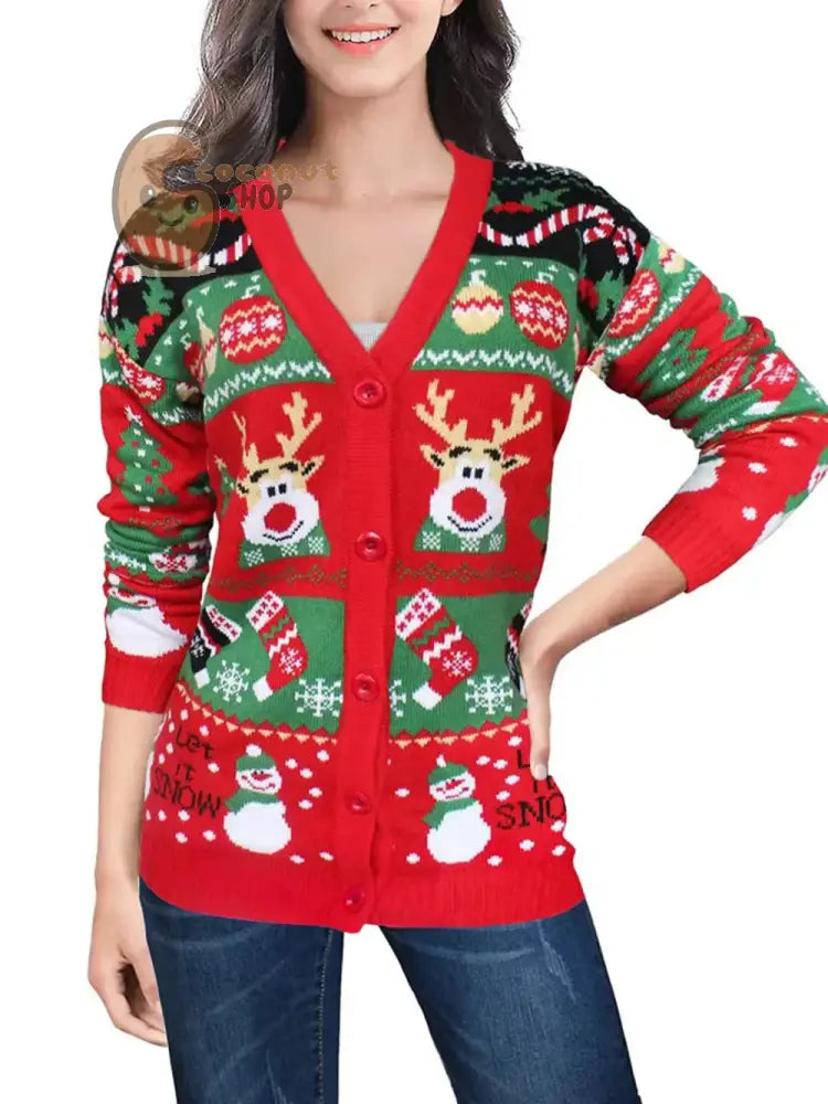 Reindeer &amp; Snowman Christmas Cardigan Sweater
