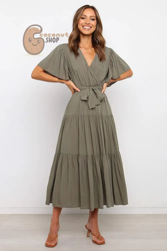 Rock this Short-Sleeved Long Skirt Dress Dress V-Neck Lace-Up Dress - Army Green / S