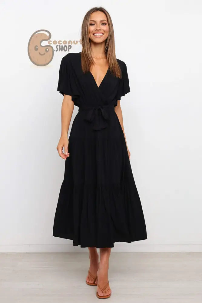 Rock this Short-Sleeved Long Skirt Dress Dress V-Neck Lace-Up Dress - Black / S
