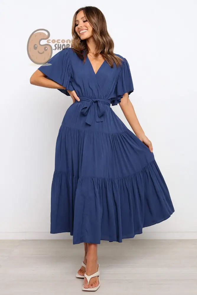 Rock this Short-Sleeved Long Skirt Dress Dress V-Neck Lace-Up Dress - Dark Blue / S