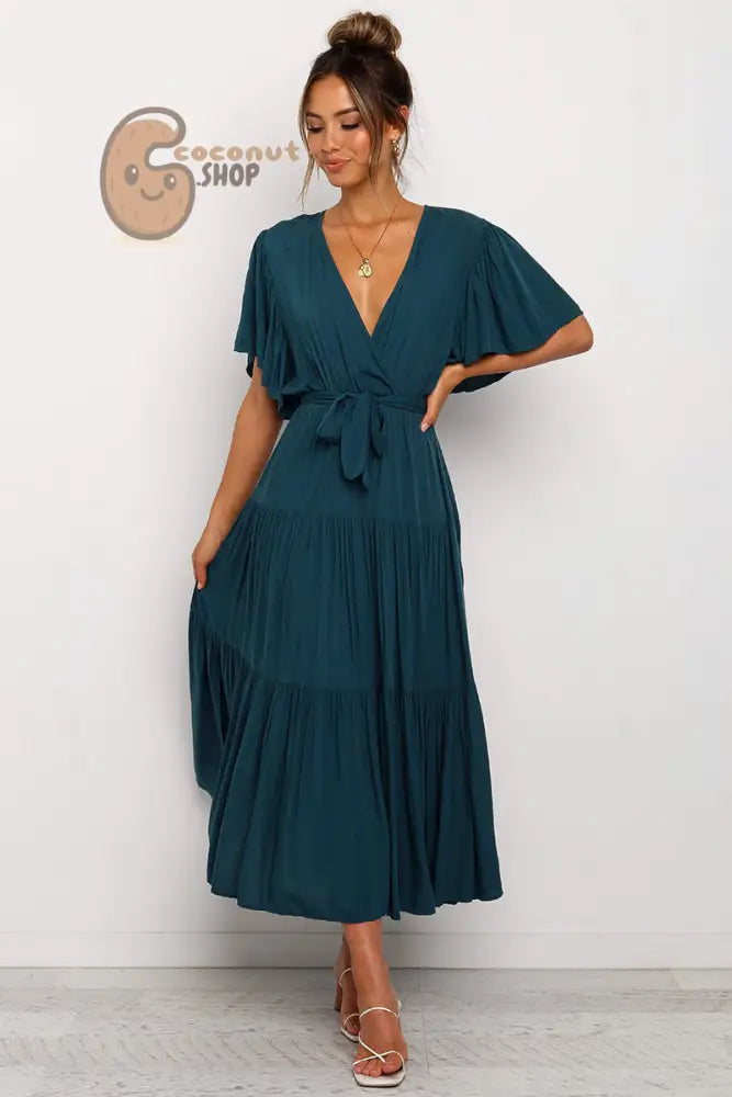 Rock this Short-Sleeved Long Skirt Dress Dress V-Neck Lace-Up Dress - Dark Green / S