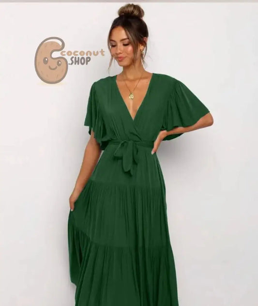 Rock this Short-Sleeved Long Skirt Dress Dress V-Neck Lace-Up Dress - Grass Green / S