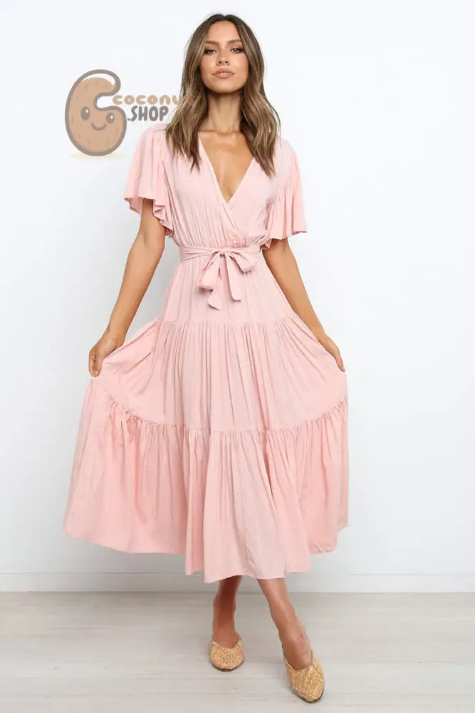 Rock this Short-Sleeved Long Skirt Dress Dress V-Neck Lace-Up Dress - Pink / S