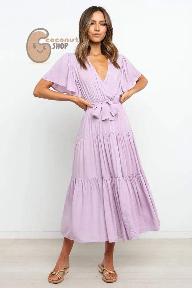 Rock this Short-Sleeved Long Skirt Dress Dress V-Neck Lace-Up Dress - Purple / S