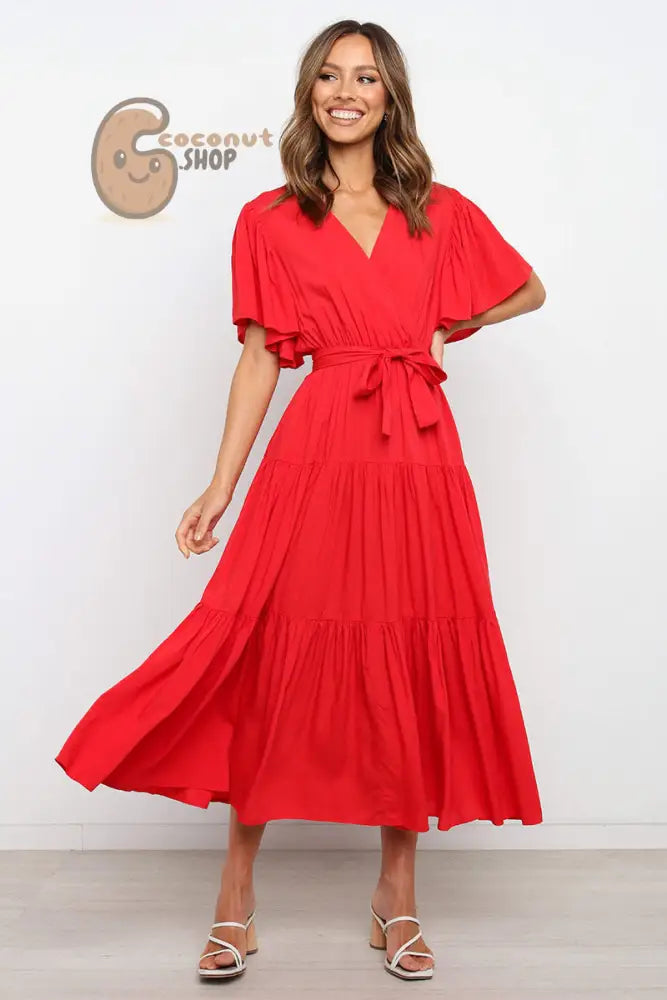 Rock this Short-Sleeved Long Skirt Dress Dress V-Neck Lace-Up Dress - Red / S