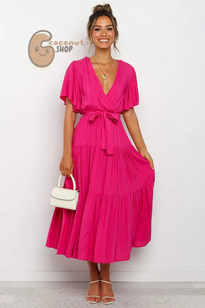 Rock this Short-Sleeved Long Skirt Dress Dress V-Neck Lace-Up Dress - Rose Red / S