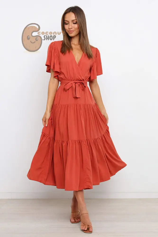 Rock this Short-Sleeved Long Skirt Dress Dress V-Neck Lace-Up Dress - Watermelon Red / S