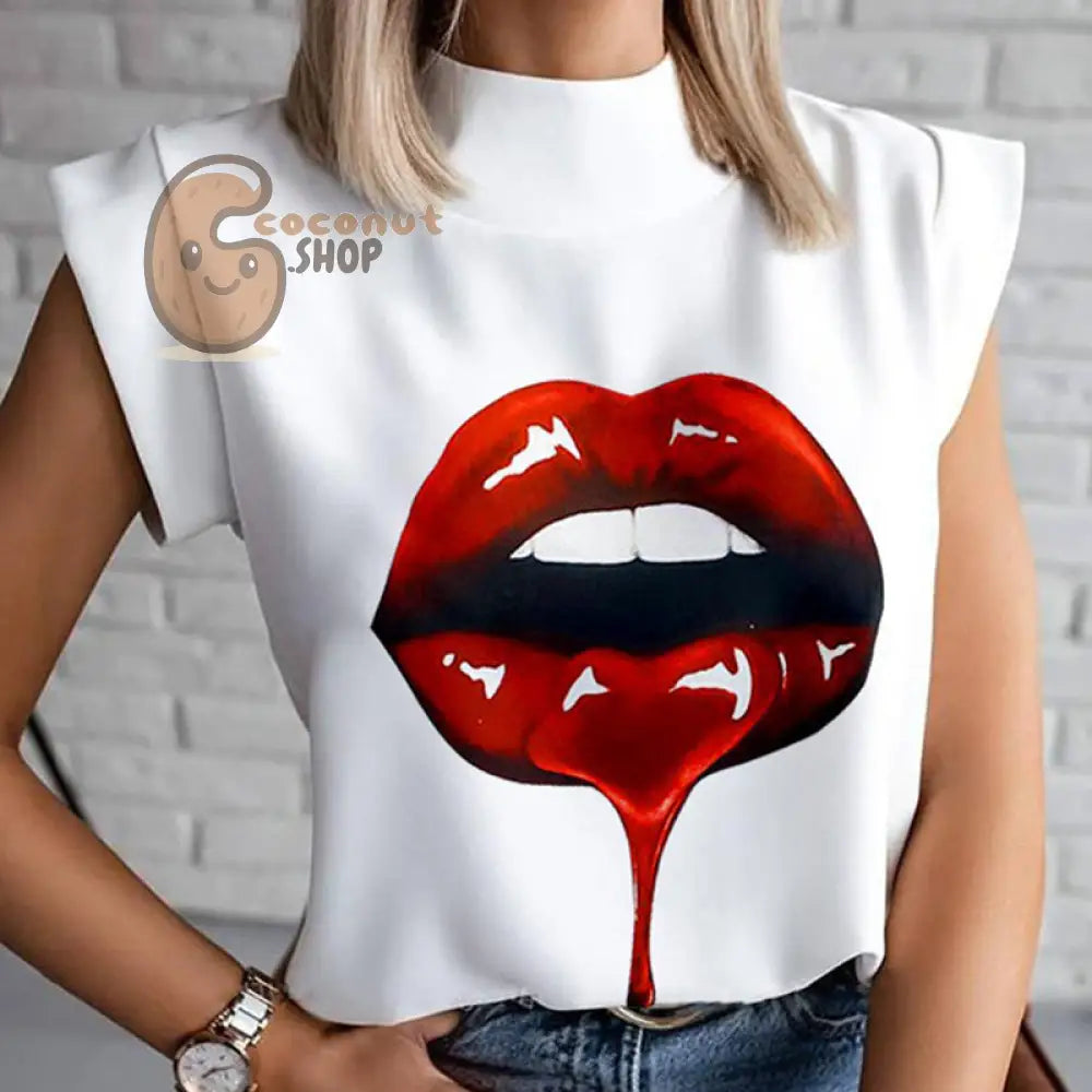 Sassy Chic: Women’s Elegant Lips Print Blouse - Stand Out in Playful Sophistication