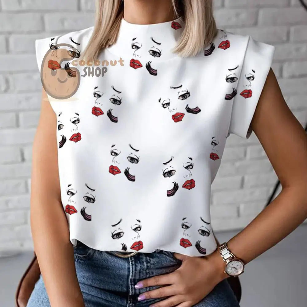 Sassy Chic: Women’s Elegant Lips Print Blouse - Stand Out in Playful Sophistication - Small Lips / S