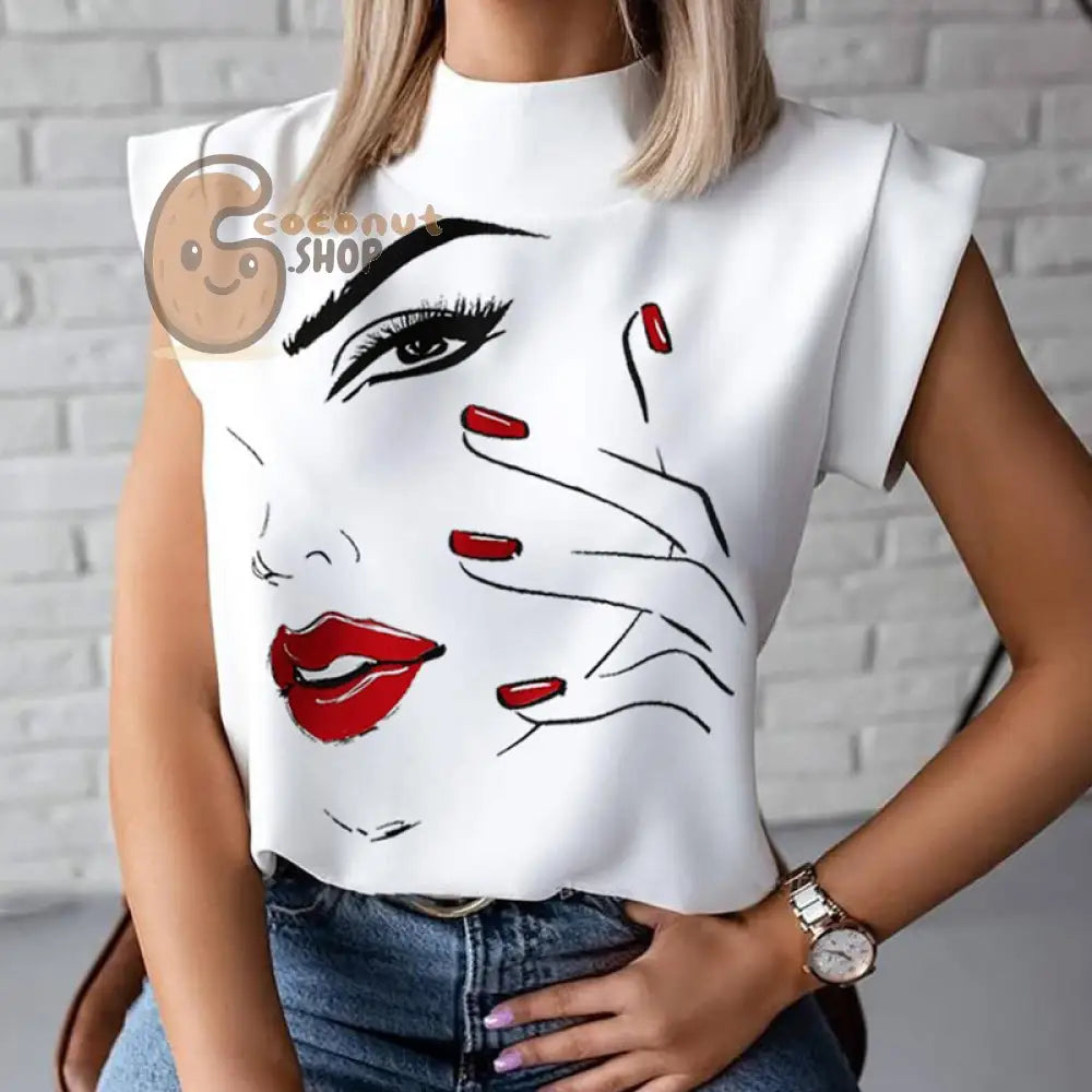 Sassy Chic: Women’s Elegant Lips Print Blouse - Stand Out in Playful Sophistication - Eyelashes / S
