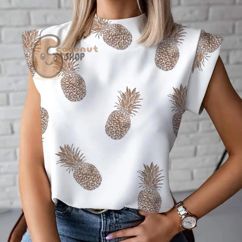 Sassy Chic: Women’s Elegant Lips Print Blouse - Stand Out in Playful Sophistication - Pineapple Print / S