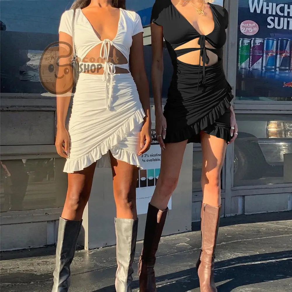 Seductive Sophistication: Embrace the Women’s Deep V-Neck Hollow Ruffled Hip Sexy Dress with Alluring Waist Cutout!