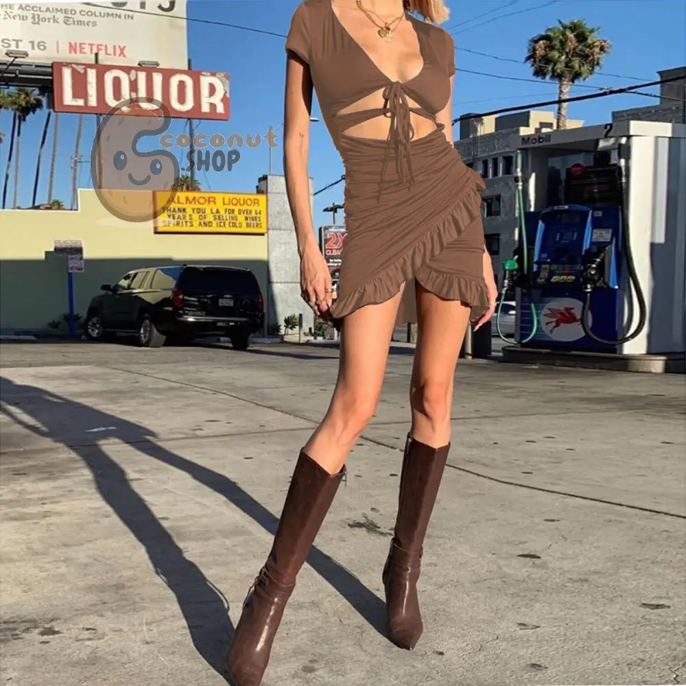 Seductive Sophistication: Embrace the Women’s Deep V-Neck Hollow Ruffled Hip Sexy Dress with Alluring Waist Cutout!