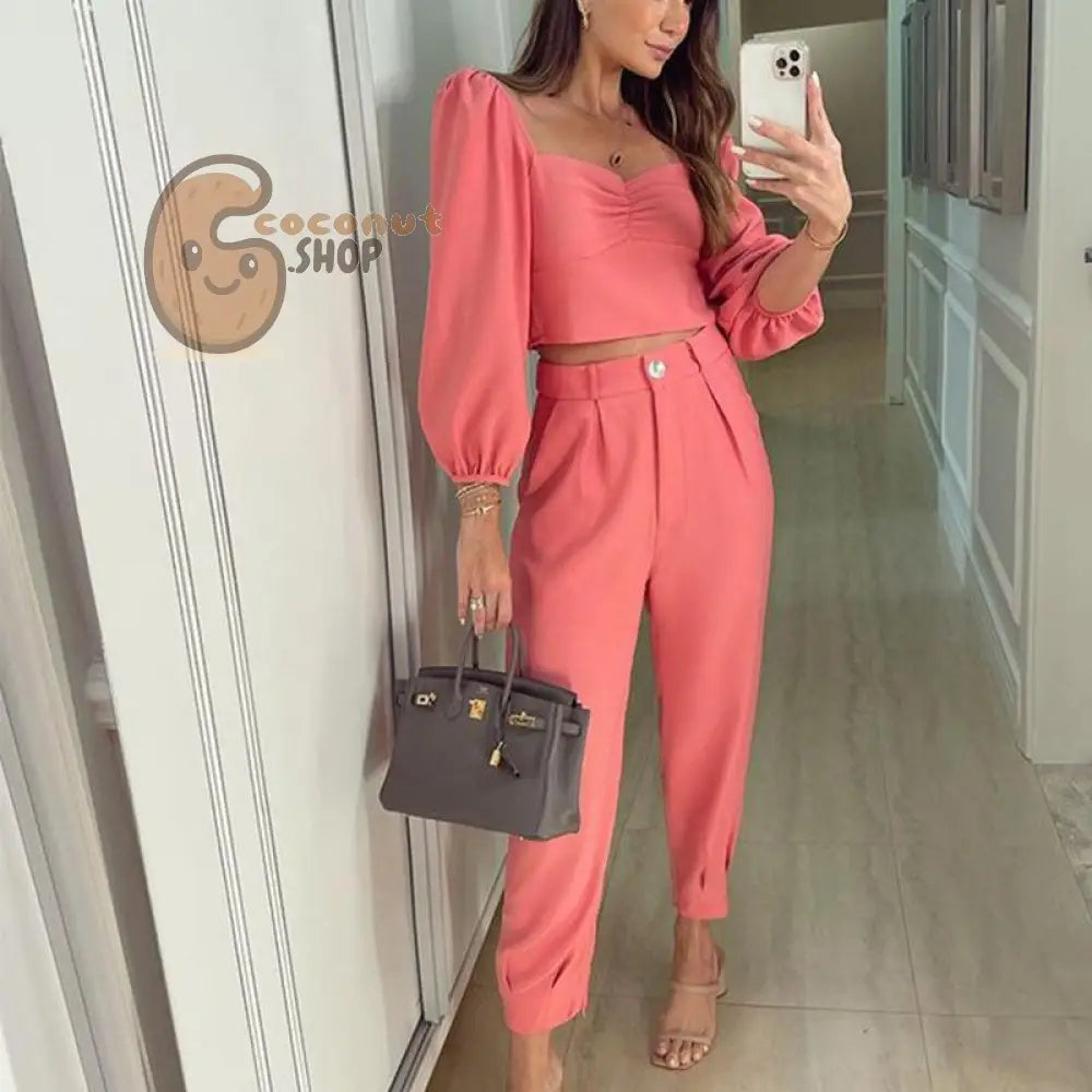 Sensual Elegance: Alluring Square Collar Two-Piece - Pink / S