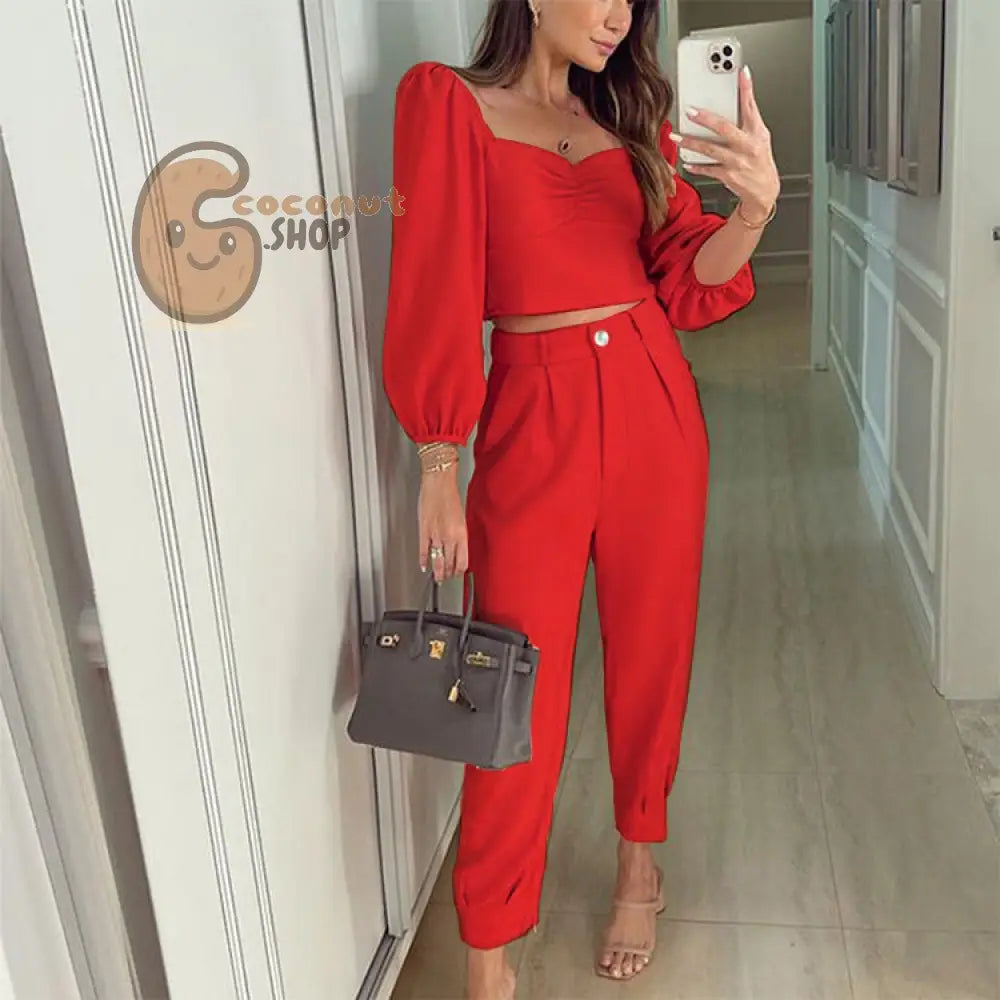 Sensual Elegance: Alluring Square Collar Two-Piece - Red / S