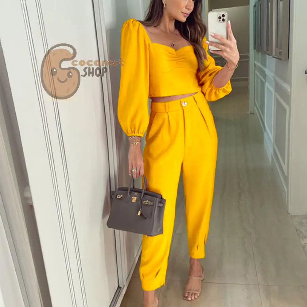 Sensual Elegance: Alluring Square Collar Two-Piece - Yellow / S