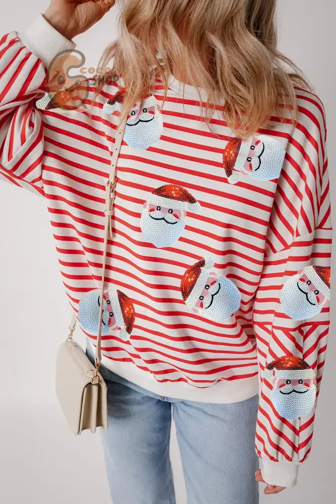 Sequin Santa Striped Round Neck Long Sleeve Sweatshirt