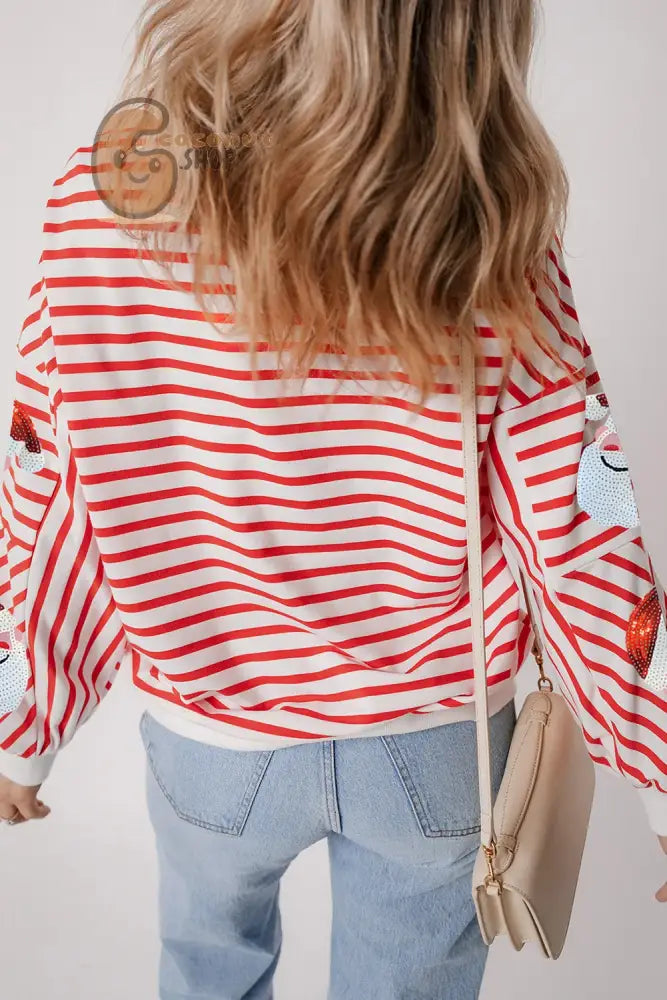 Sequin Santa Striped Round Neck Long Sleeve Sweatshirt