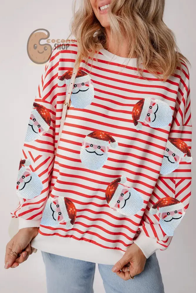 Sequin Santa Striped Round Neck Long Sleeve Sweatshirt