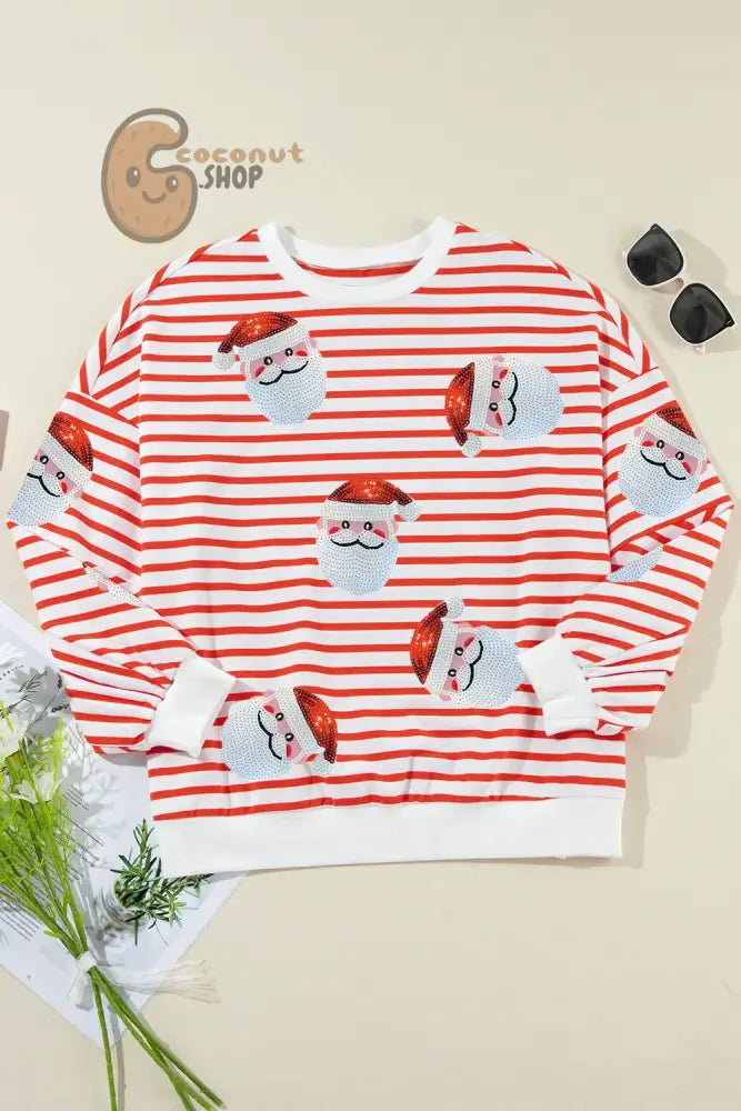 Sequin Santa Striped Round Neck Long Sleeve Sweatshirt