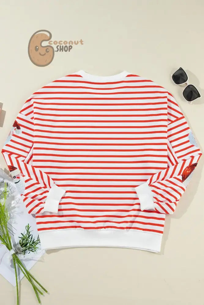Sequin Santa Striped Round Neck Long Sleeve Sweatshirt