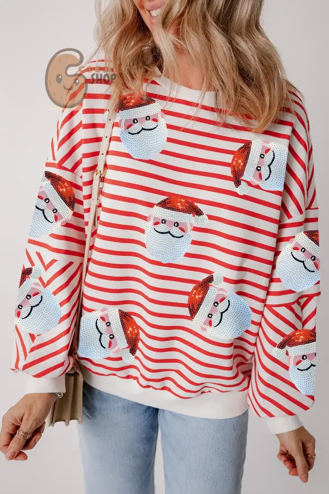 Sequin Santa Striped Round Neck Long Sleeve Sweatshirt