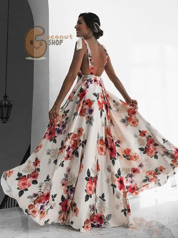 Sexy backless print maxi dress women Strap zipper summer dress V neck plus size floral beach long dress vestidos