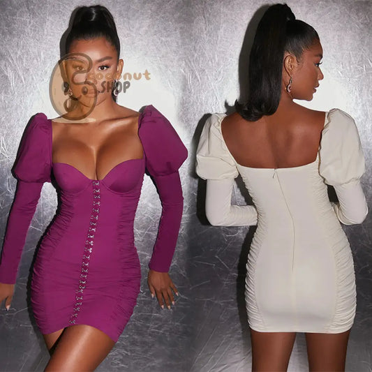 Sexy Chest Wrapped Long Sleeve Wrinkled Back Zipper Hip Wrap Dress