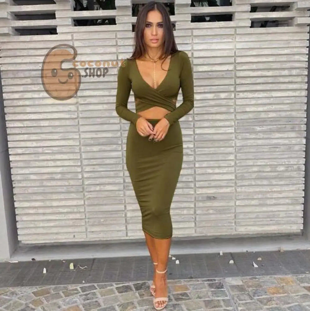 Sexy Cut-Out Long Sleeve Bandage Bodycon Mini Dress - Army green / S