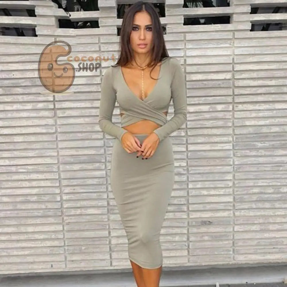 Sexy Cut-Out Long Sleeve Bandage Bodycon Mini Dress - Gray / S