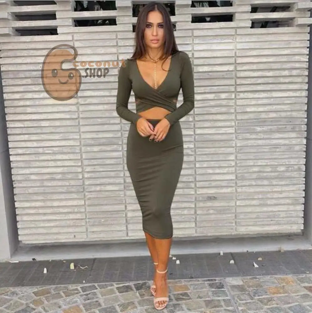 Sexy Cut-Out Long Sleeve Bandage Bodycon Mini Dress - Grey / S