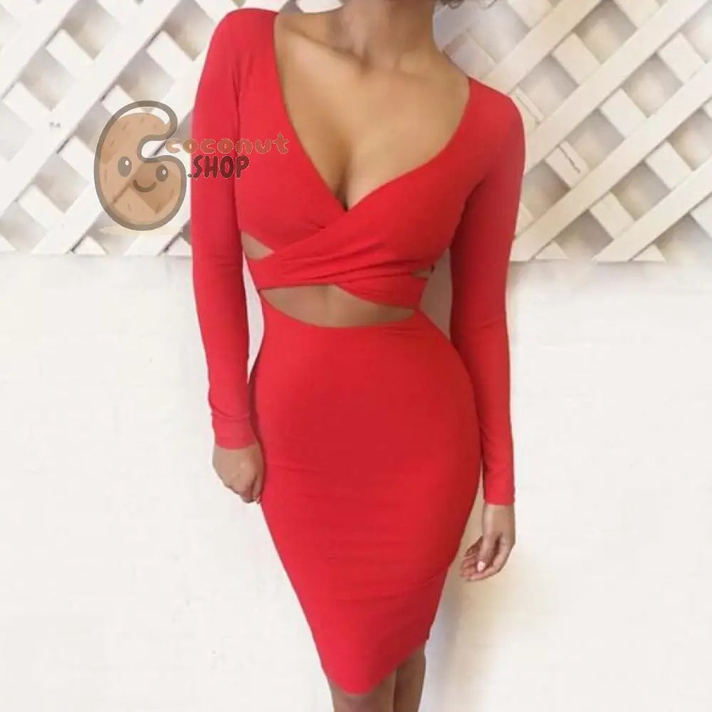 Sexy Cut-Out Long Sleeve Bandage Bodycon Mini Dress - Red / S